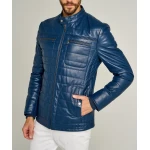 Trendy Mens Striped Stitches Blue Leather Casual Jacket