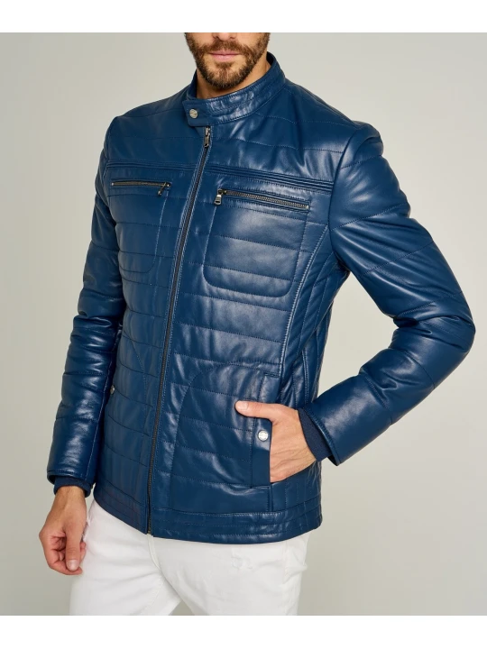 Trendy Mens Striped Stitches Blue Leather Casual Jacket