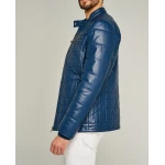 Trendy Mens Striped Stitches Blue Leather Casual Jacket