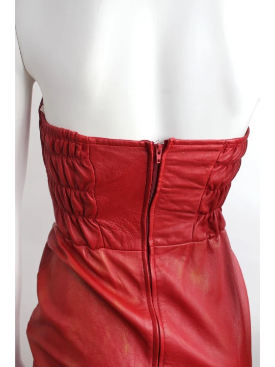 Vintage Red Genuine Leather Party Dress for Women