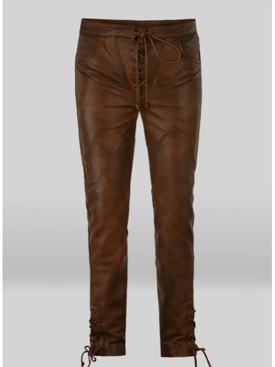 Vintage Style Cowboy Lace up Brown Leather Pants for Male