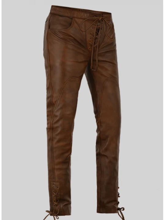 Vintage Style Cowboy Lace up Brown Leather Pants for Male