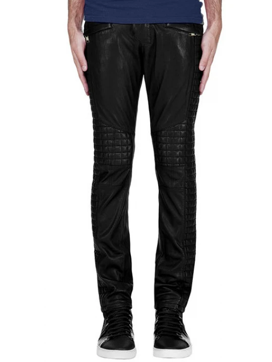 Waist Belted Black Leather Biker Pants for Men