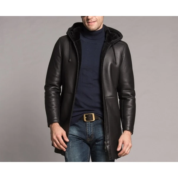 Winter Luxury Genuine Black Leather Fur Coat For Men
