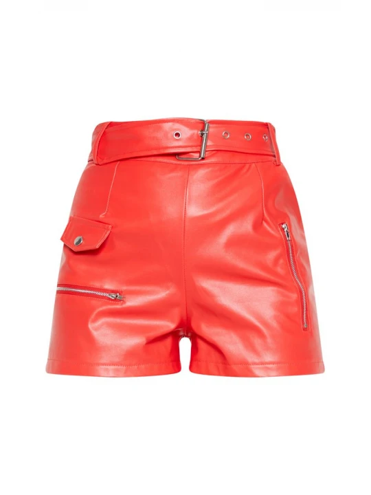 Womens Hot Fashion Genuine Orange Leather Biker Short