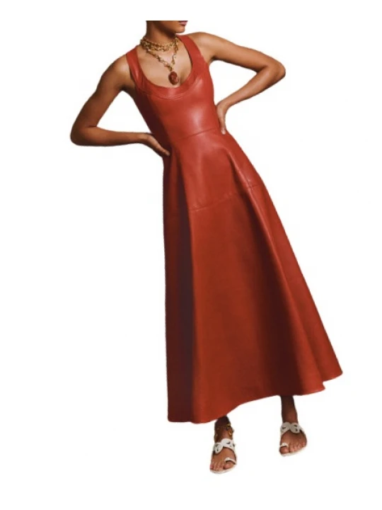 Womens Bold A-line Sleeveless Genuine Red Leather Long Dress