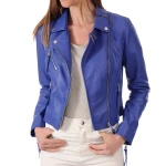 Womens Classic Real Blue Leather Motorcycle Jacket