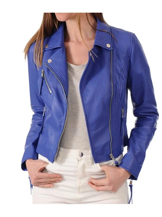 Womens Classic Real Blue Leather Motorcycle Jacket