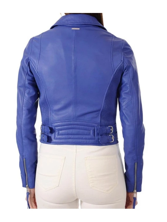 Womens Classic Real Blue Leather Motorcycle Jacket