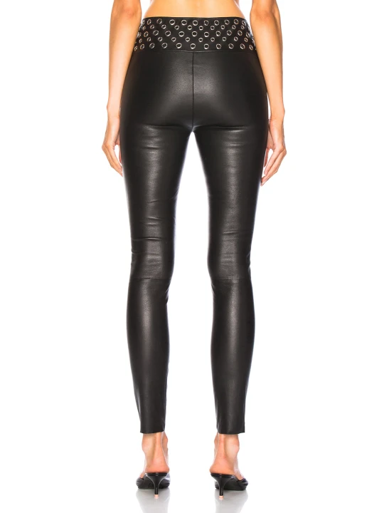Womens Elastic Waistband Stretch Fit Black Leather Capris