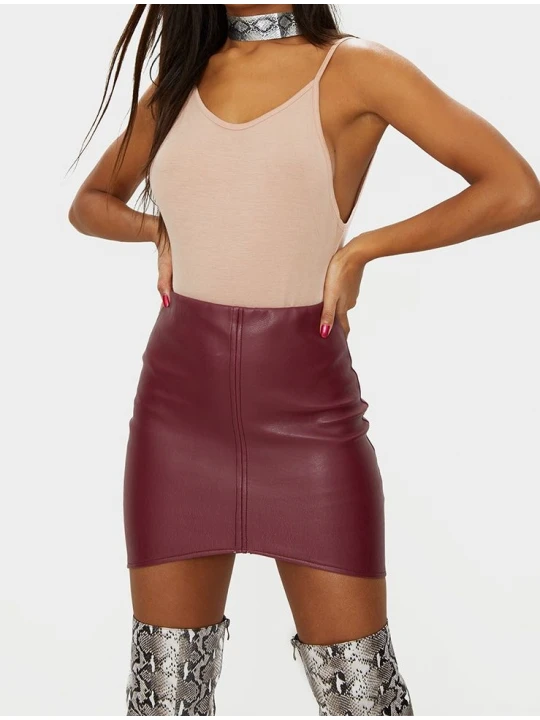 Womens Fashion Asymmetric Panel Burgundy Leather Mini Skirt