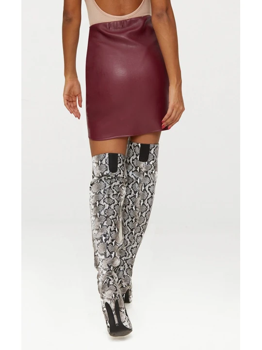 Womens Fashion Asymmetric Panel Burgundy Leather Mini Skirt