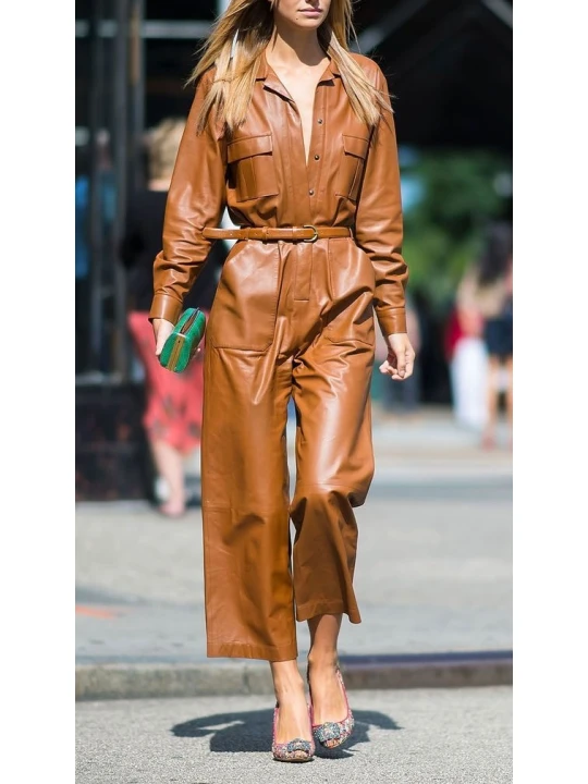 Womens Fashion Loose Fit Real Brown Leather jumpsuit Overall