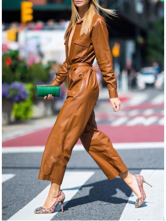 Womens Fashion Loose Fit Real Brown Leather jumpsuit Overall