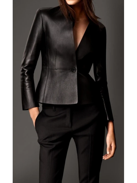 Womens Formal Slim Fit Genuine Black Leather Blazer Jacket