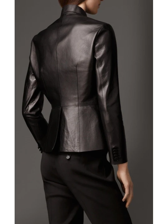 Womens Formal Slim Fit Genuine Black Leather Blazer Jacket