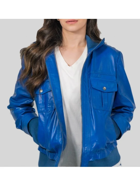 Womens Four Pockets Genuine Blue Leather Bomber Jacket