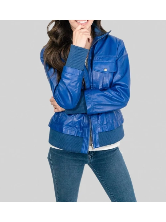 Womens Four Pockets Genuine Blue Leather Bomber Jacket