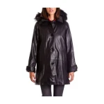 Womens Genuine Soft Black Leather Hooded Coat with Fur
