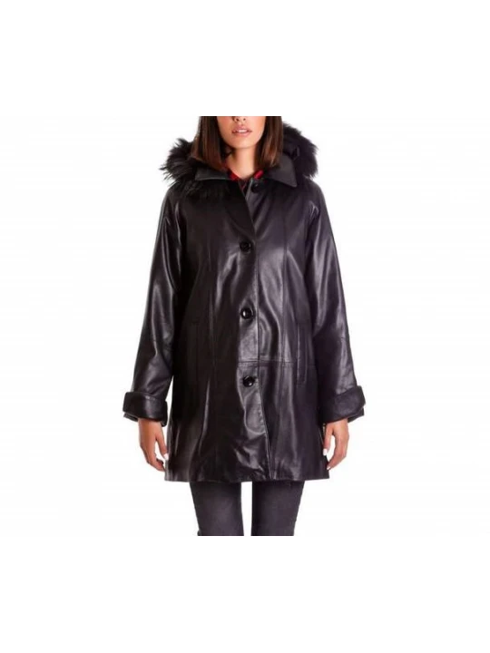 Womens Genuine Soft Black Leather Hooded Coat with Fur
