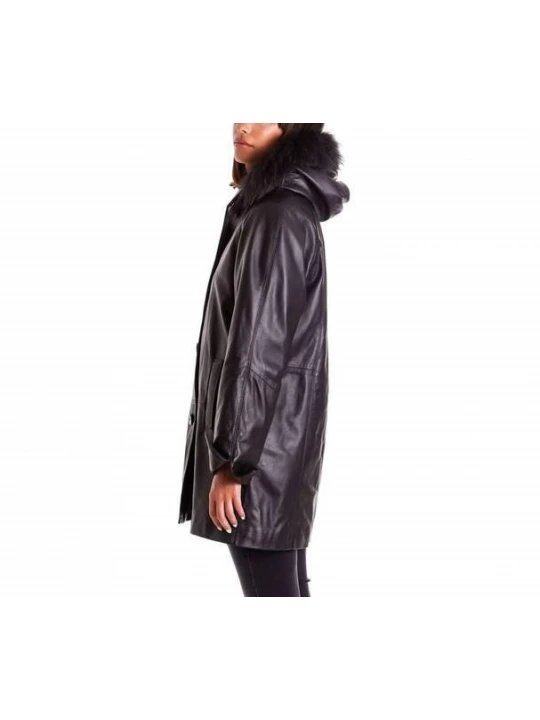Womens Genuine Soft Black Leather Hooded Coat with Fur