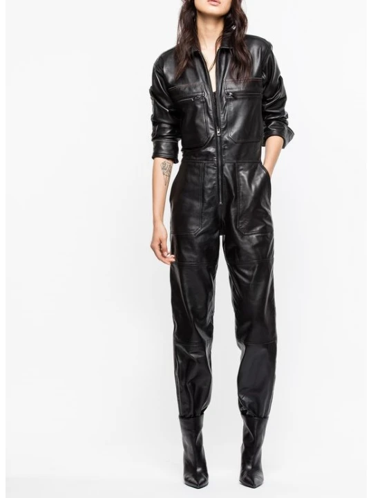 Womens Halloween Fashion Genuine Black Leather Catsuit Jumpsuit
