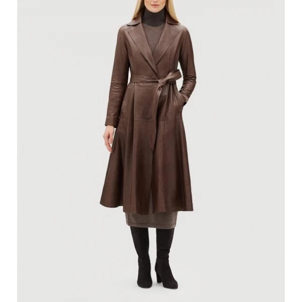 Womens Luxurious Lambskin Brown Leather Long Trench Coat