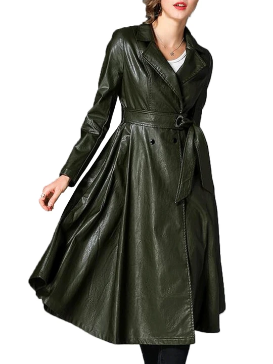 Womens Notched Collar Long Sleeve Dark Green Leather Trench Coat