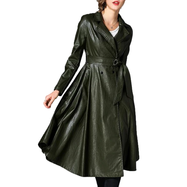 Womens Notched Collar Long Sleeve Dark Green Leather Trench Coat