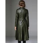 Womens Notched Collar Long Sleeve Dark Green Leather Trench Coat