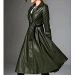 Womens Notched Collar Long Sleeve Dark Green Leather Trench Coat