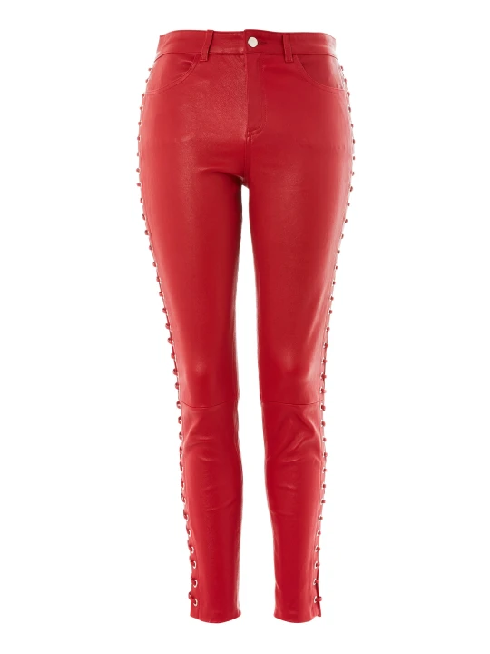 Womens Premium Luxurious Side Lace Up Red Leather Pants