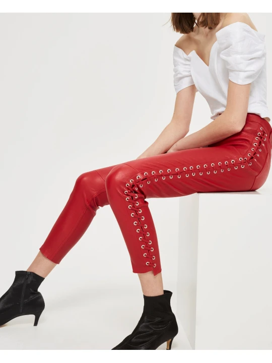 Womens Premium Luxurious Side Lace Up Red Leather Pants