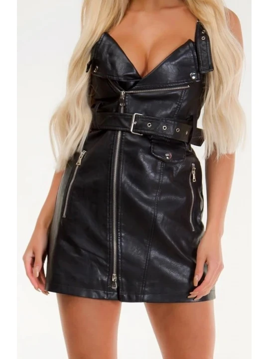 Womens Sexy Biker Style Real Sheepskin Black Leather Dress