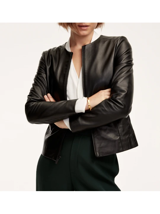 Womens Simple Front Zippered Black Leather Jacket