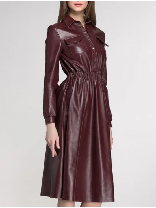 Womens Slim Fit Pure Burgundy Leather Midi Dress