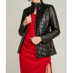 Womens Sporty Look Waist Fit Black Leather Jacket