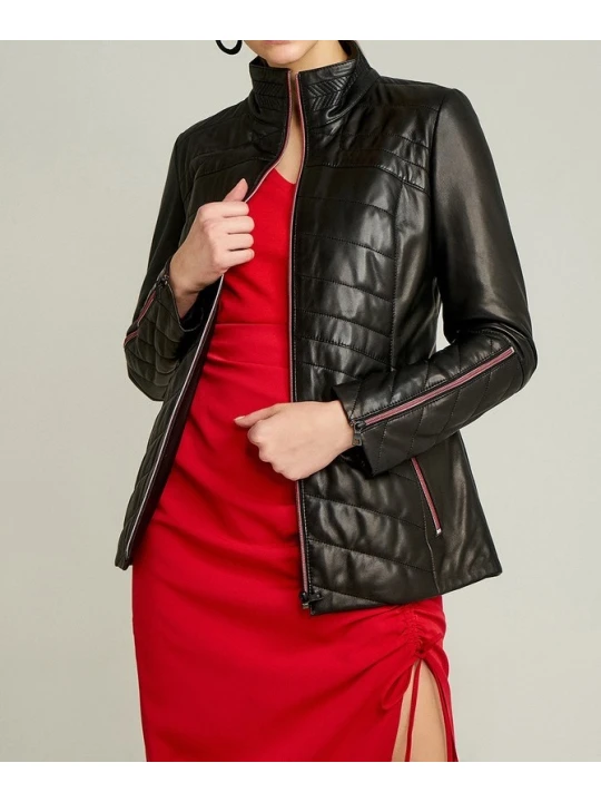 Womens Sporty Look Waist Fit Black Leather Jacket