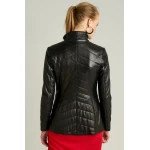 Womens Sporty Look Waist Fit Black Leather Jacket