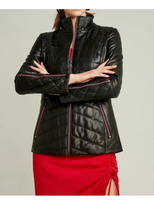 Womens Sporty Look Waist Fit Black Leather Jacket
