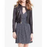 Womens Spring Fashion Soft Black Leather Short Bomber Jacket