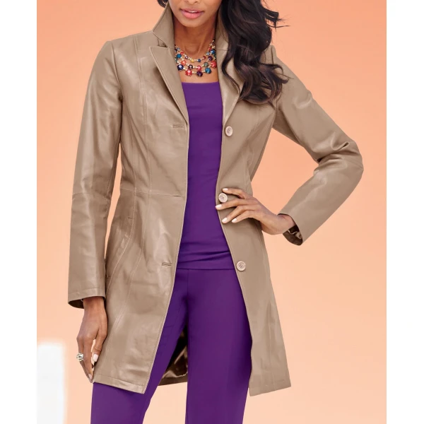 Womens Three Button Real Genuine Leather Coat