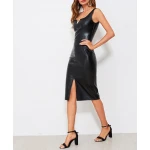 Womens V Notch Slit Front Black Leather Long Tank Dress