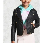 Zipper Front Black Leather Moto Jacket For Girl Kid