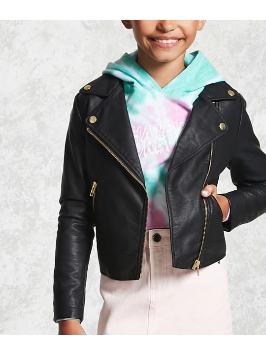 Zipper Front Black Leather Moto Jacket For Girl Kid
