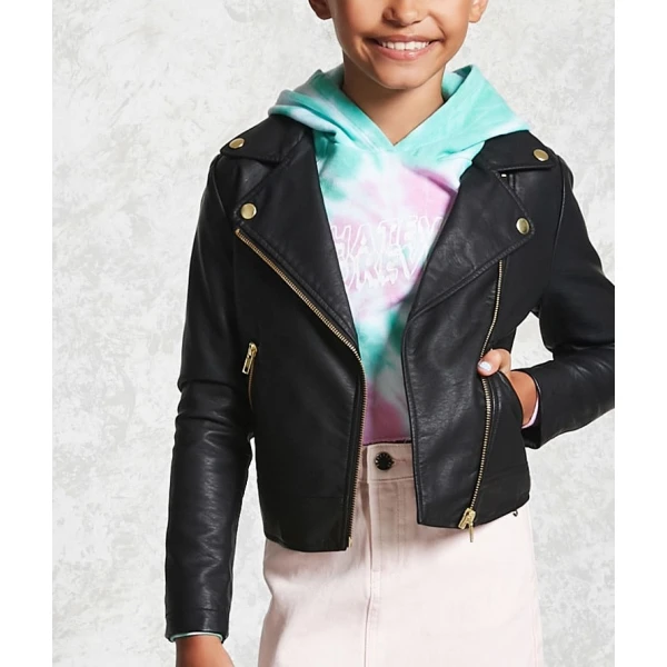Zipper Front Black Leather Moto Jacket For Girl Kid