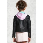 Zipper Front Black Leather Moto Jacket For Girl Kid