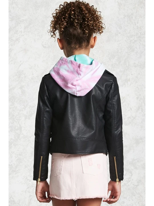 Zipper Front Black Leather Moto Jacket For Girl Kid