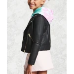 Zipper Front Black Leather Moto Jacket For Girl Kid