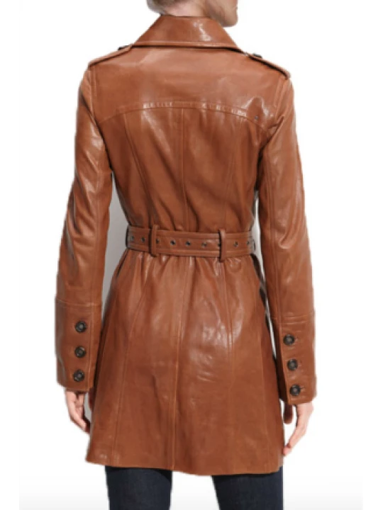 Women Natural Lambskin Brown Leather Long Trench Style Coat